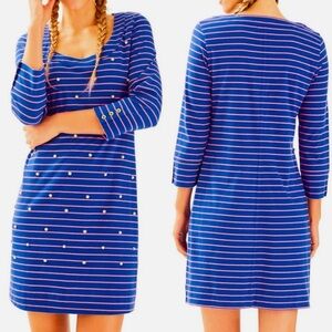 Lilly Pulitzer Merritt Blue & Pink Striped Beaded Embellished Dress SIZE LARGE